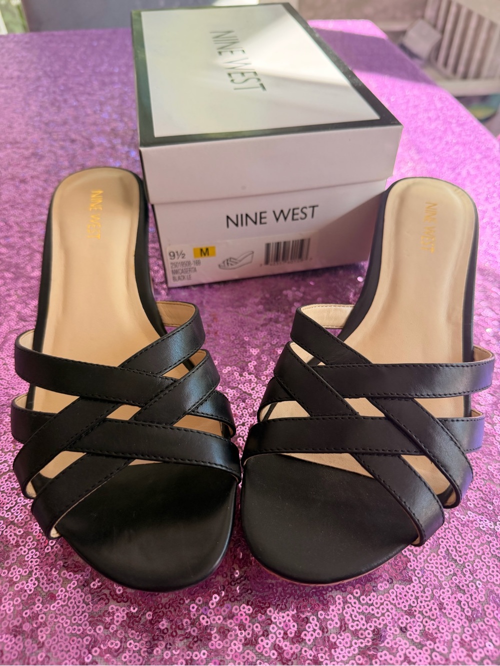 Nine West Black Strappy Crisscross Slide Mules
